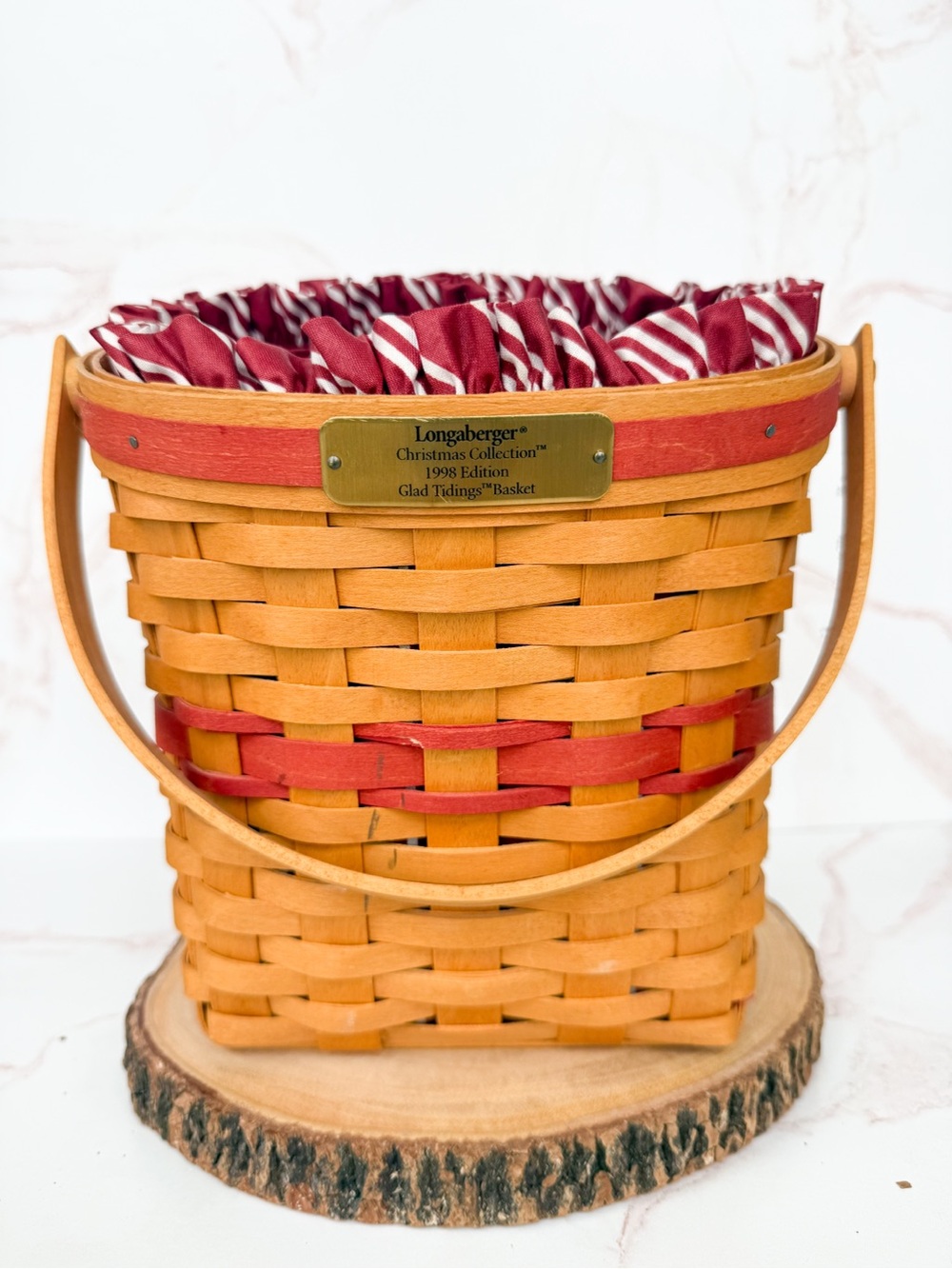 Vintage Longaberger 1998 Glad Tidings Christmas Basket with Striped Fabric Liner